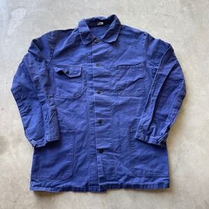 Vintage French Chore Jacket Blue Cotton Twill KEMIOY Graphic Work Coat Mens 48